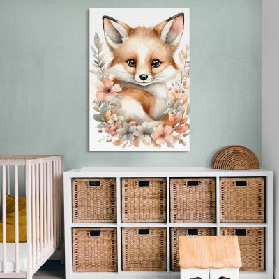 Baby Room Painting Baby Fox With Beige And Pink Flowers bana17 canvas print 