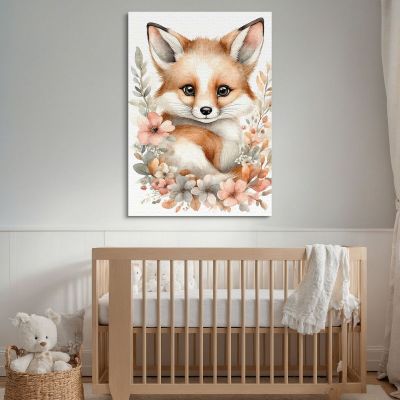 Baby Room Painting Baby Fox With Beige And Pink Flowers bana17 canvas print 