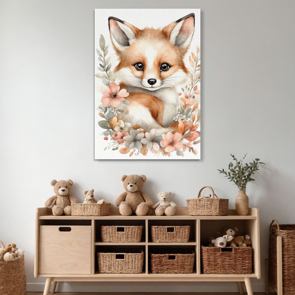 Baby Room Painting Baby Fox With Beige And Pink Flowers bana17 canvas print 