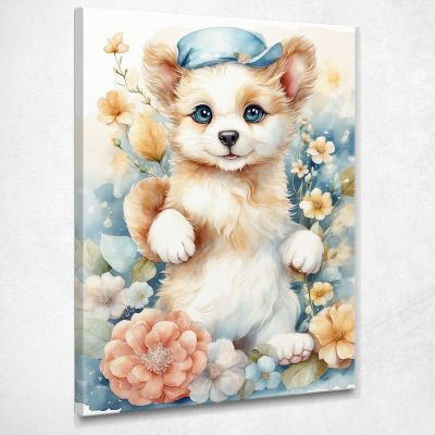 Nursery Picture Bedroom Decoration Puppy Dog With Flowers And Hat bana20 canvas print 