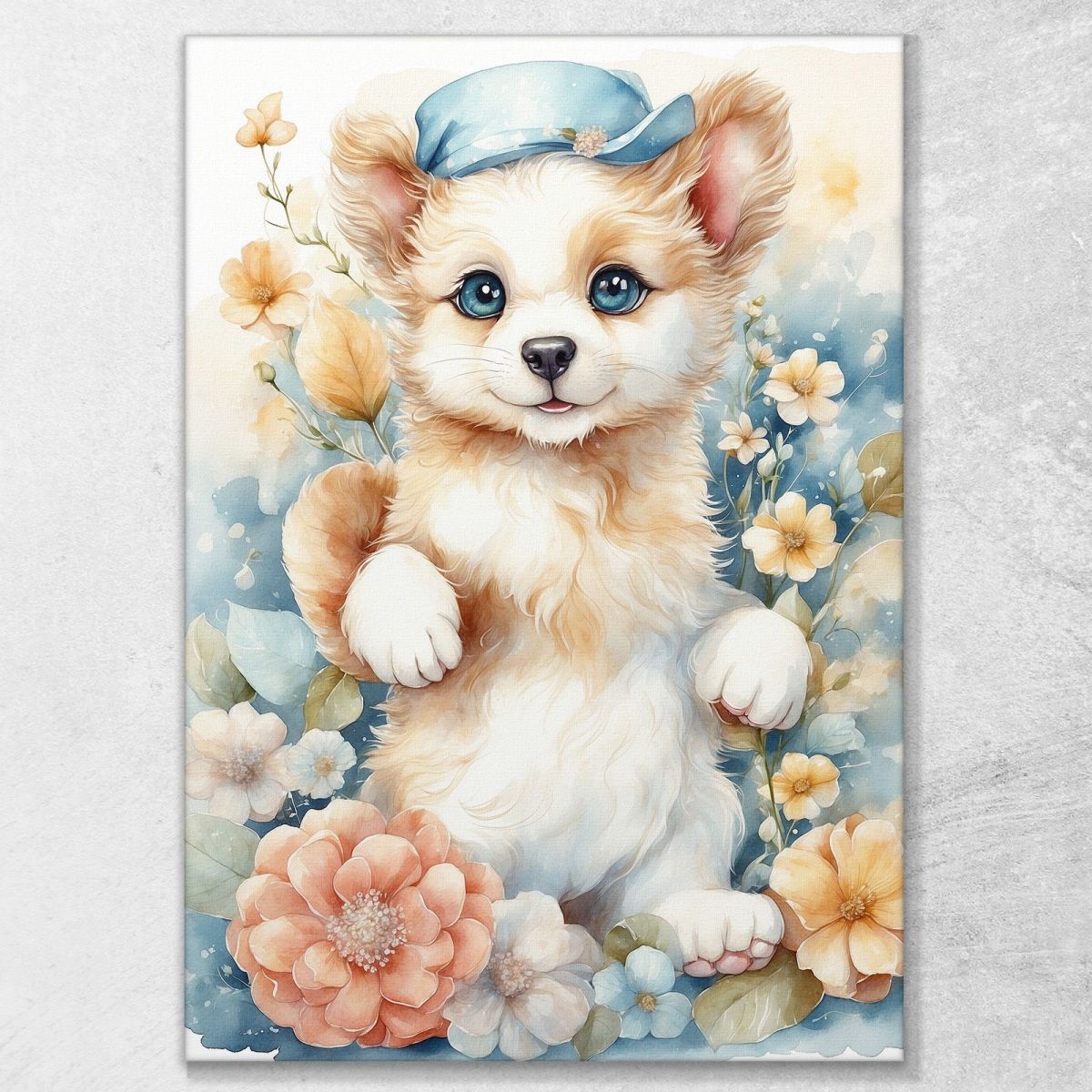 Nursery Picture Bedroom Decoration Puppy Dog With Flowers And Hat bana20 canvas print 