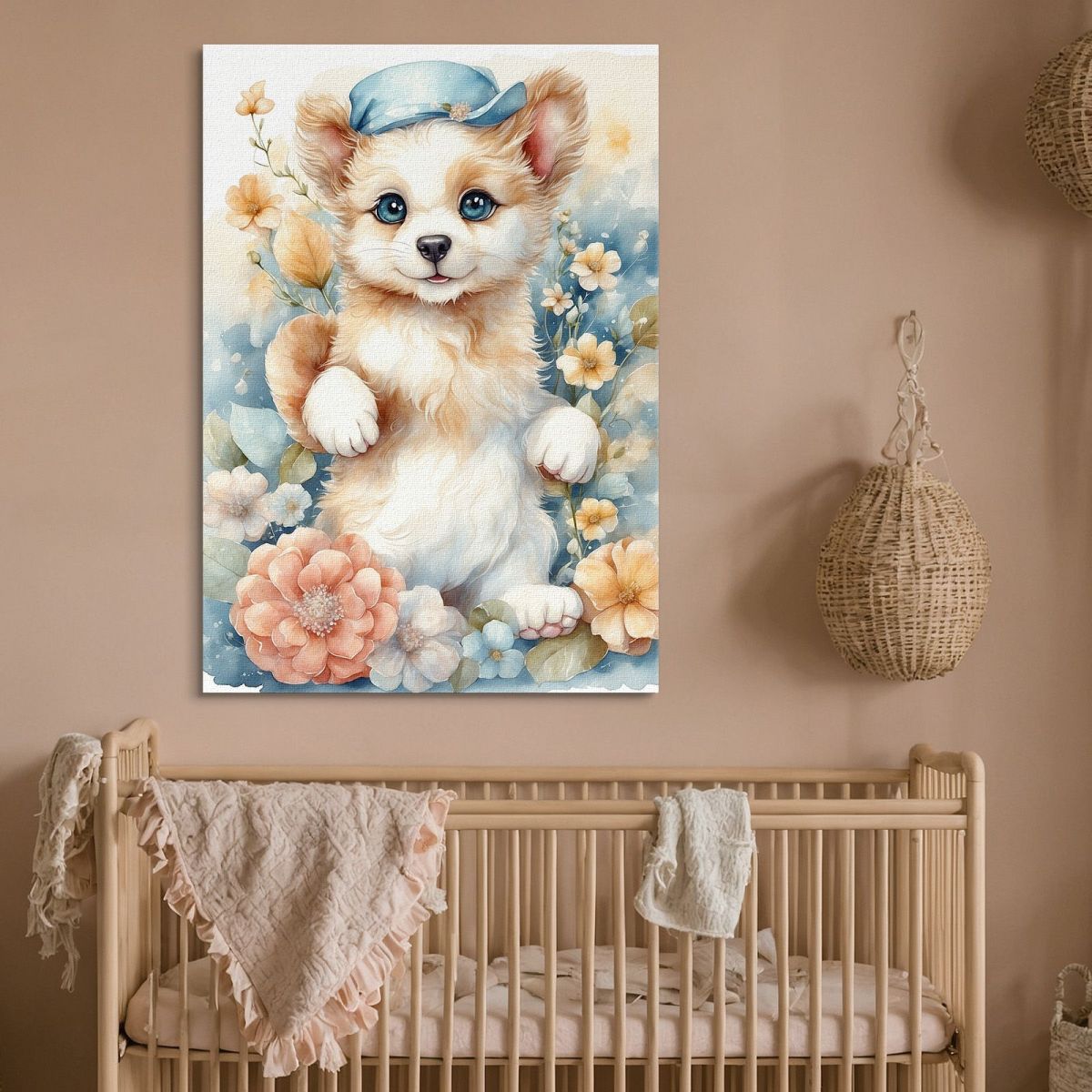 Nursery Picture Bedroom Decoration Puppy Dog With Flowers And Hat bana20 canvas print 