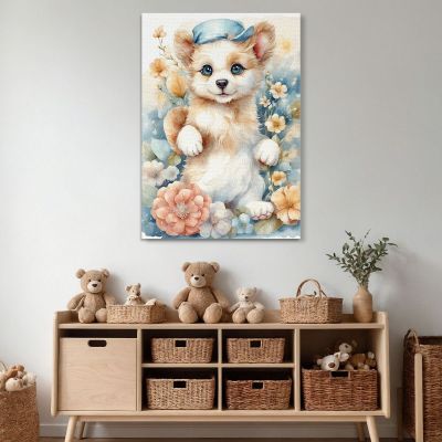 Nursery Picture Bedroom Decoration Puppy Dog With Flowers And Hat bana20 canvas print 