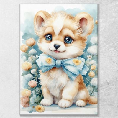 Baby Picture Nursery Decoration Puppy With Bow And Floral Decorations bana21 canvas print 