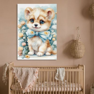 Baby Picture Nursery Decoration Puppy With Bow And Floral Decorations bana21 canvas print 