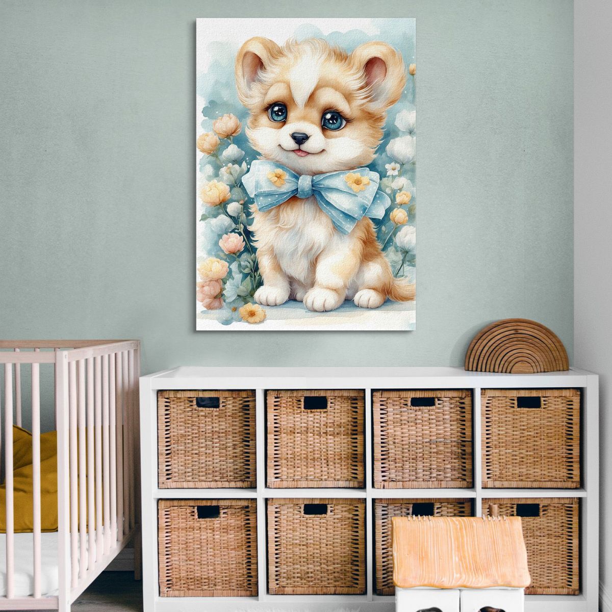 Baby Picture Nursery Decoration Puppy With Bow And Floral Decorations bana21 canvas print 