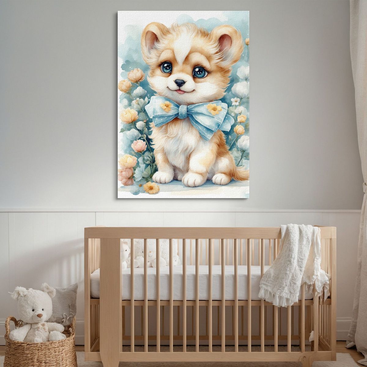 Baby Picture Nursery Decoration Puppy With Bow And Floral Decorations bana21 canvas print 