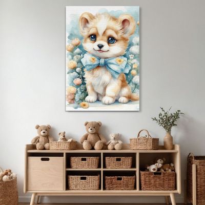 Baby Picture Nursery Decoration Puppy With Bow And Floral Decorations bana21 canvas print 