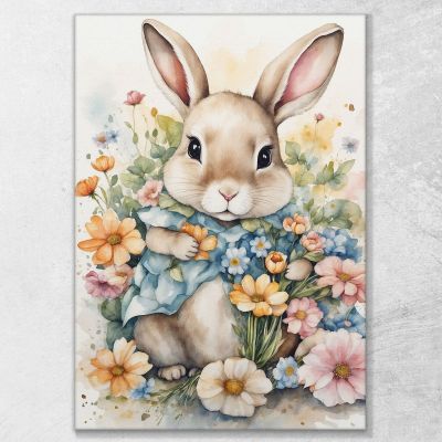 Children'S Bedroom Decoration Picture For Children Cute Bunny Among Spring Flowers bana24 canvas print 