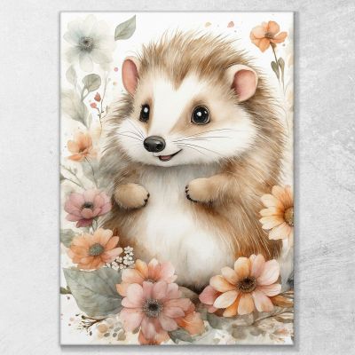 Decorative Picture For Nursery And Bedroom Cute Hedgehog Surrounded By Flowers bana28 canvas print 