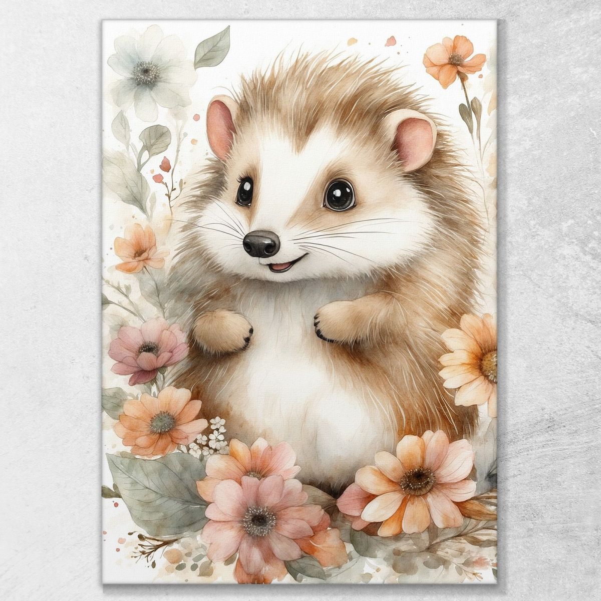 Decorative Picture For Nursery And Bedroom Cute Hedgehog Surrounded By Flowers bana28 canvas print 