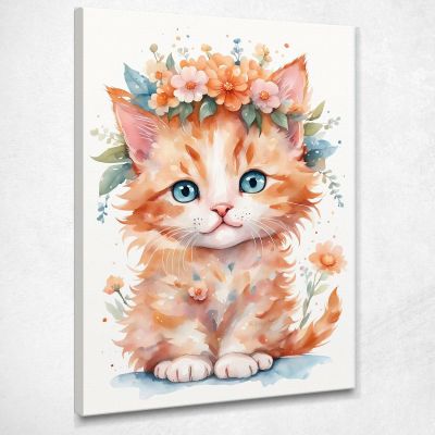 Painting For Children Bedroom Decoration Orange Kitten With Garland Of Flowers bana33 canvas print 