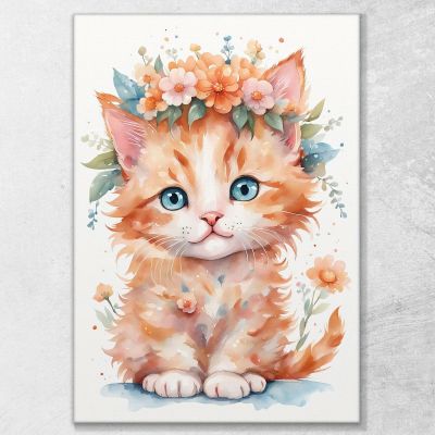 Painting For Children Bedroom Decoration Orange Kitten With Garland Of Flowers bana33 canvas print 