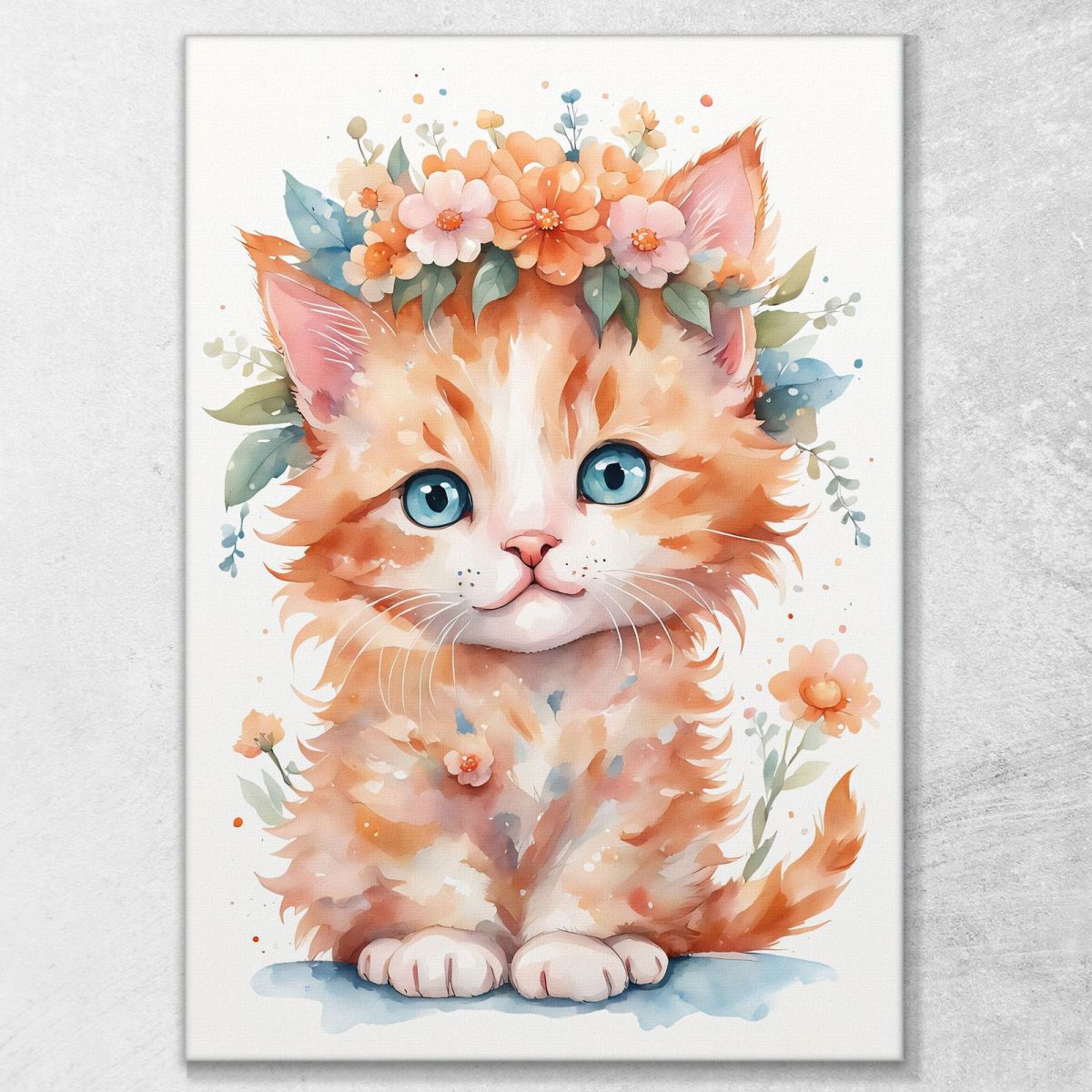 Painting For Children Bedroom Decoration Orange Kitten With Garland Of Flowers bana33 canvas print 