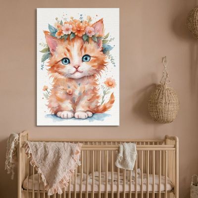 Painting For Children Bedroom Decoration Orange Kitten With Garland Of Flowers bana33 canvas print 