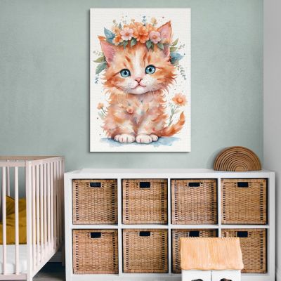 Painting For Children Bedroom Decoration Orange Kitten With Garland Of Flowers bana33 canvas print 