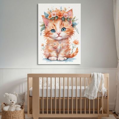 Painting For Children Bedroom Decoration Orange Kitten With Garland Of Flowers bana33 canvas print 