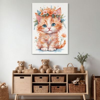 Painting For Children Bedroom Decoration Orange Kitten With Garland Of Flowers bana33 canvas print 