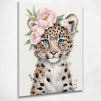 Painting For Children'S Bedroom Cute Little Leopard With Pastel Flowers bana35 canvas print 