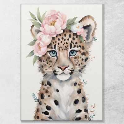 Painting For Children'S Bedroom Cute Little Leopard With Pastel Flowers bana35 canvas print 