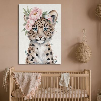 Painting For Children'S Bedroom Cute Little Leopard With Pastel Flowers bana35 canvas print 