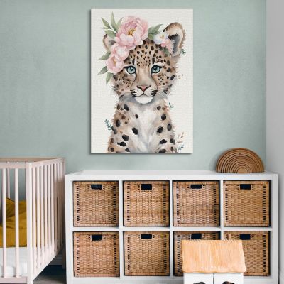 Painting For Children'S Bedroom Cute Little Leopard With Pastel Flowers bana35 canvas print 