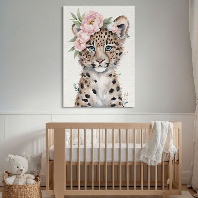 Painting For Children'S Bedroom Cute Little Leopard With Pastel Flowers bana35 canvas print 