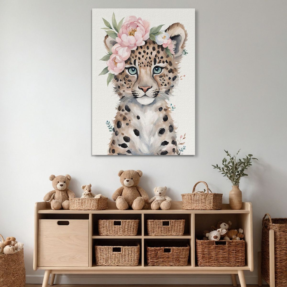 Painting For Children'S Bedroom Cute Little Leopard With Pastel Flowers bana35 canvas print 