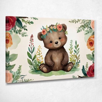 Painting For Nursery Decoration For Girls Cute Teddy Bear With Colorful Flowers bana39 canvas print 