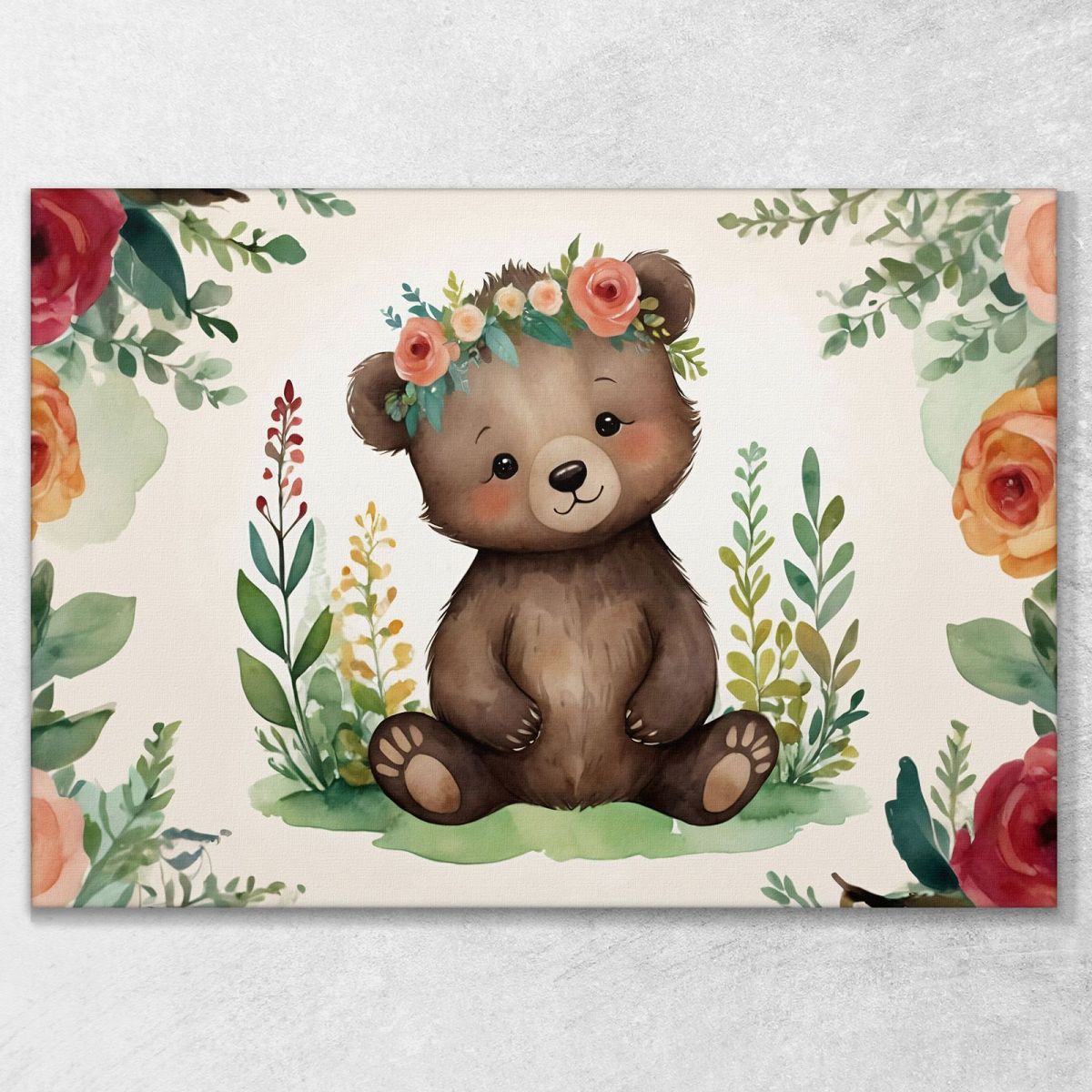 Painting For Nursery Decoration For Girls Cute Teddy Bear With Colorful Flowers bana39 canvas print 