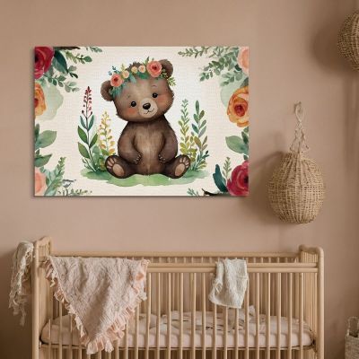 Painting For Nursery Decoration For Girls Cute Teddy Bear With Colorful Flowers bana39 canvas print 