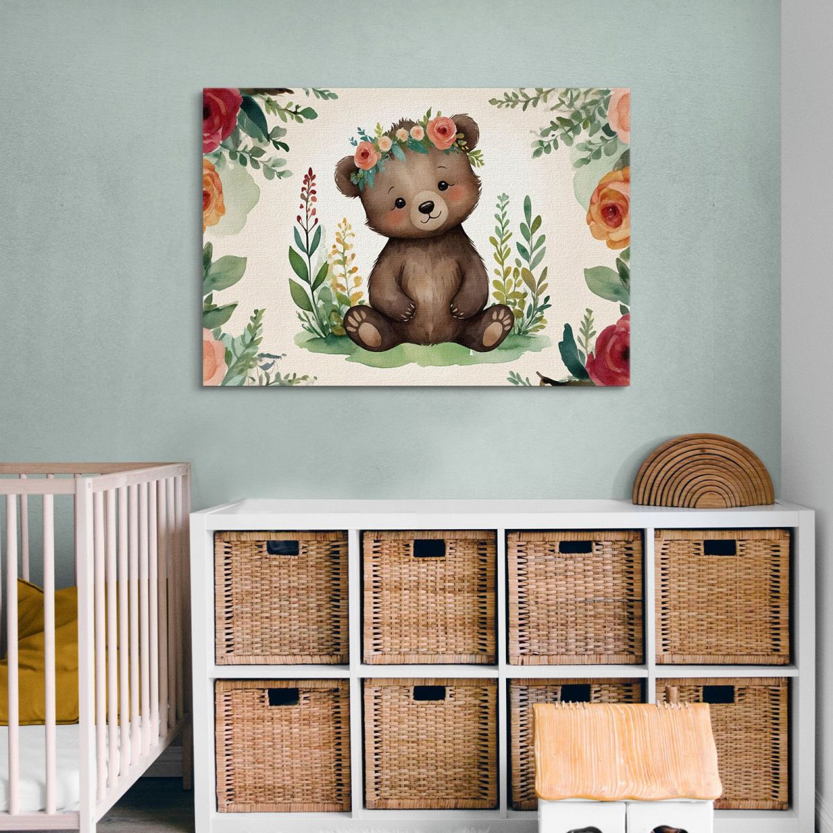 Painting For Nursery Decoration For Girls Cute Teddy Bear With Colorful Flowers bana39 canvas print 