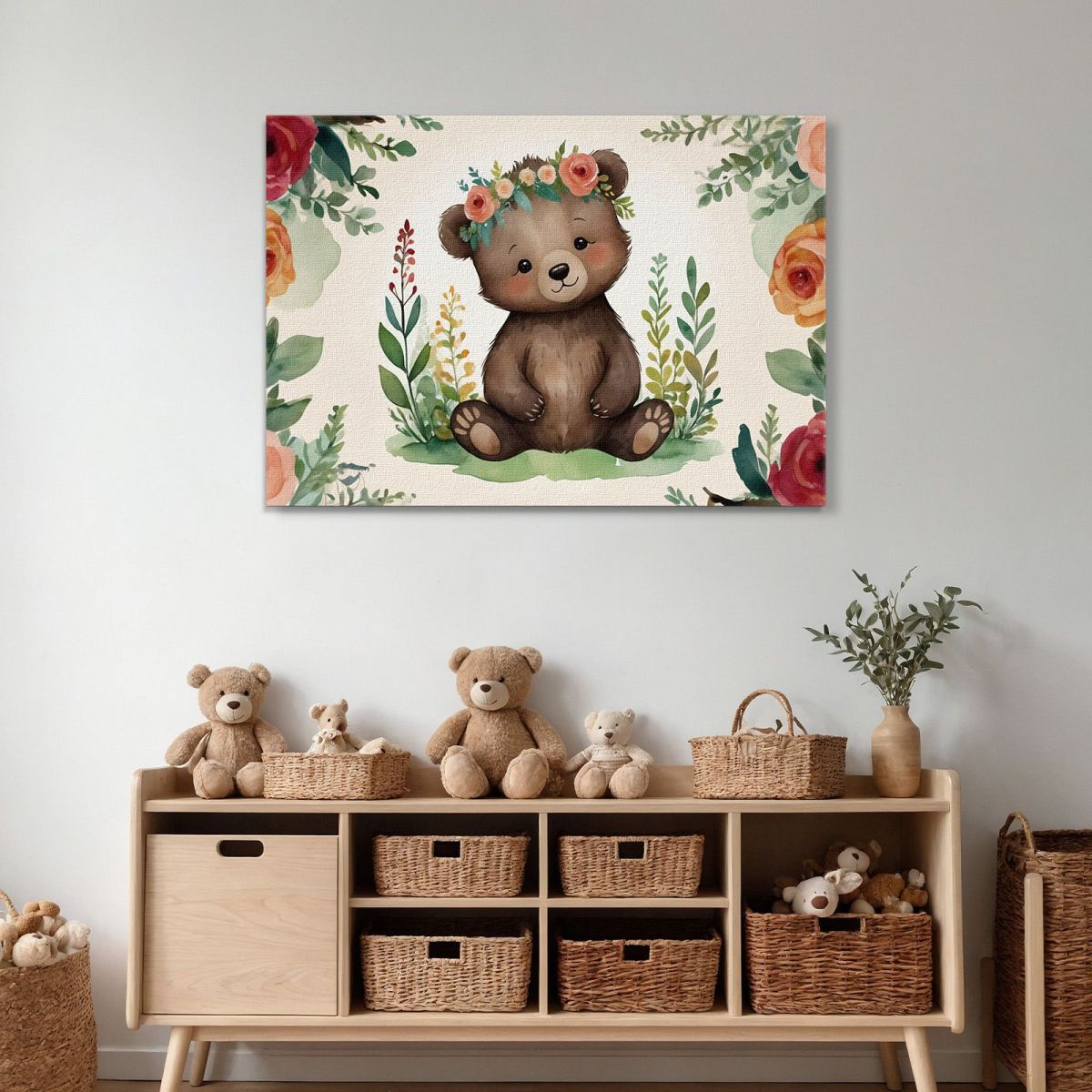 Painting For Nursery Decoration For Girls Cute Teddy Bear With Colorful Flowers bana39 canvas print 