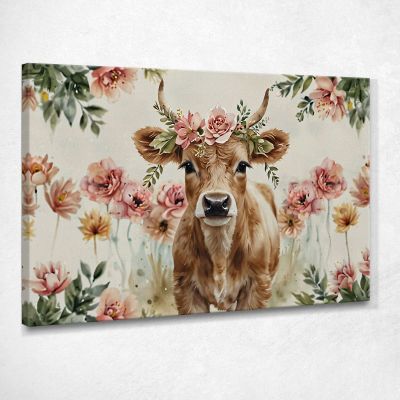 Decorative Picture For A Child'S Bedroom Cow Calf With Garland Of Pink Flowers bana40 canvas print 