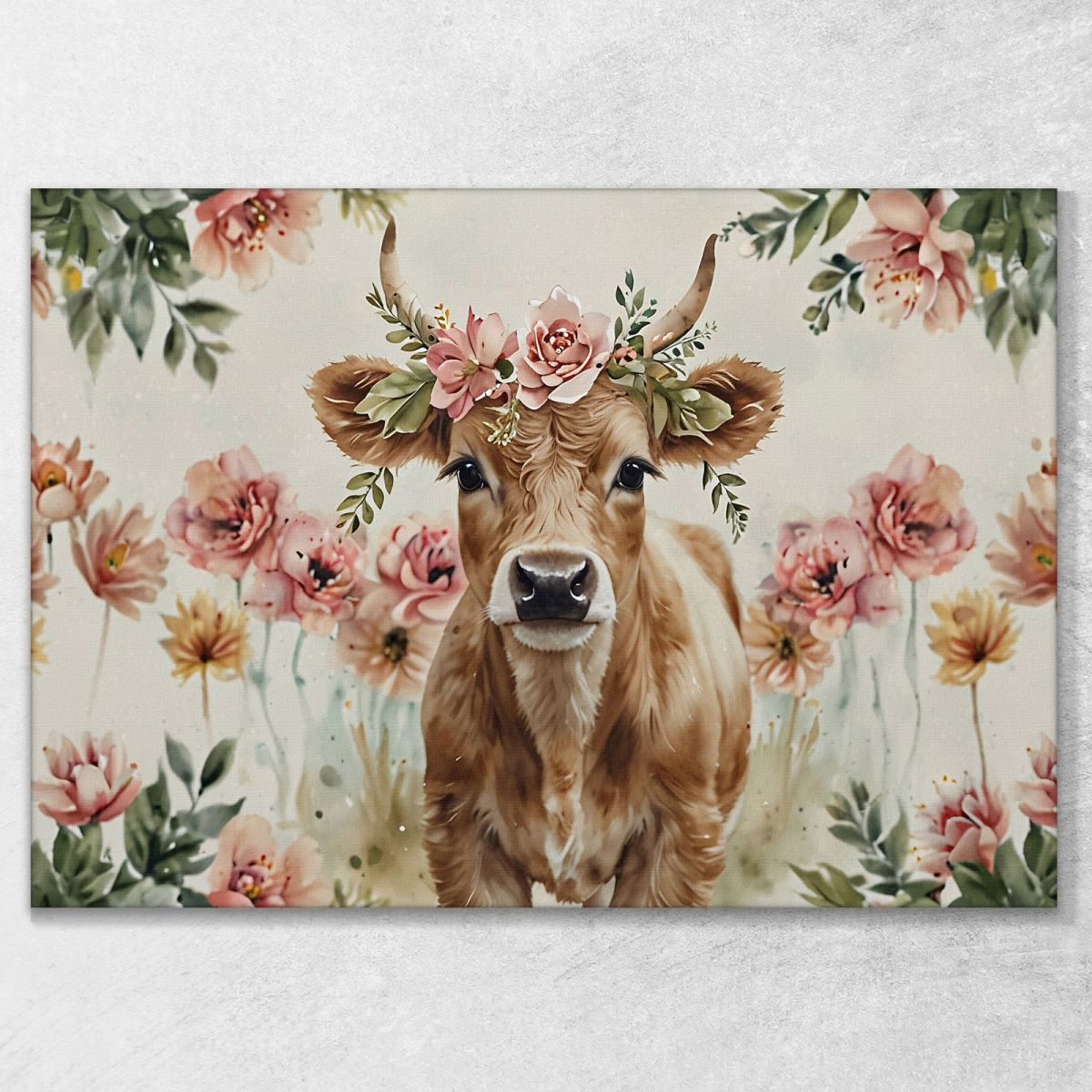 Decorative Picture For A Child'S Bedroom Cow Calf With Garland Of Pink Flowers bana40 canvas print 