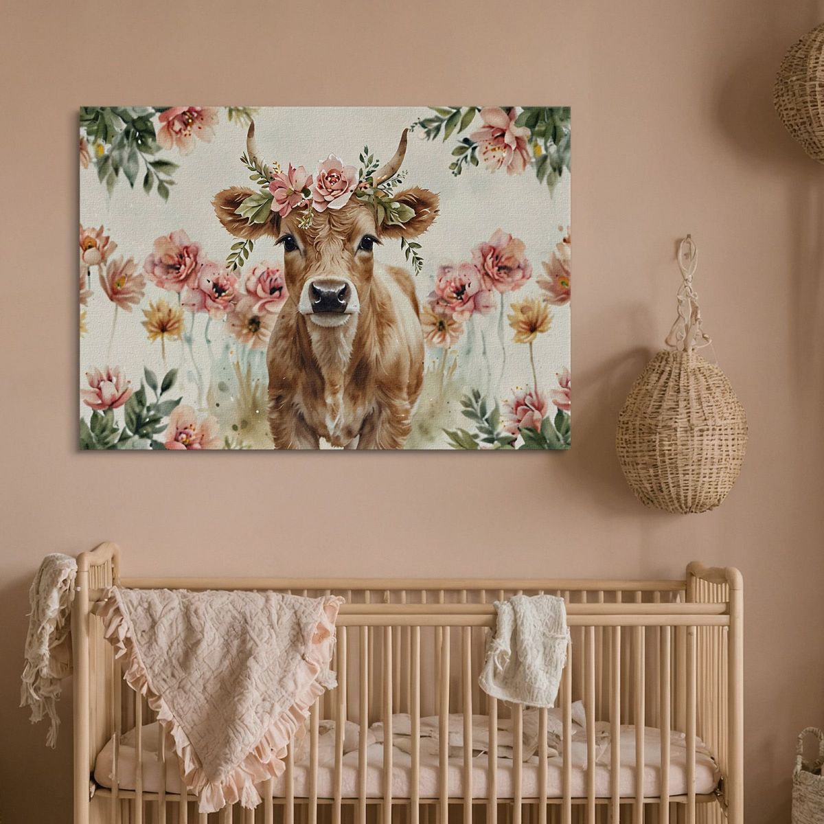 Decorative Picture For A Child'S Bedroom Cow Calf With Garland Of Pink Flowers bana40 canvas print 