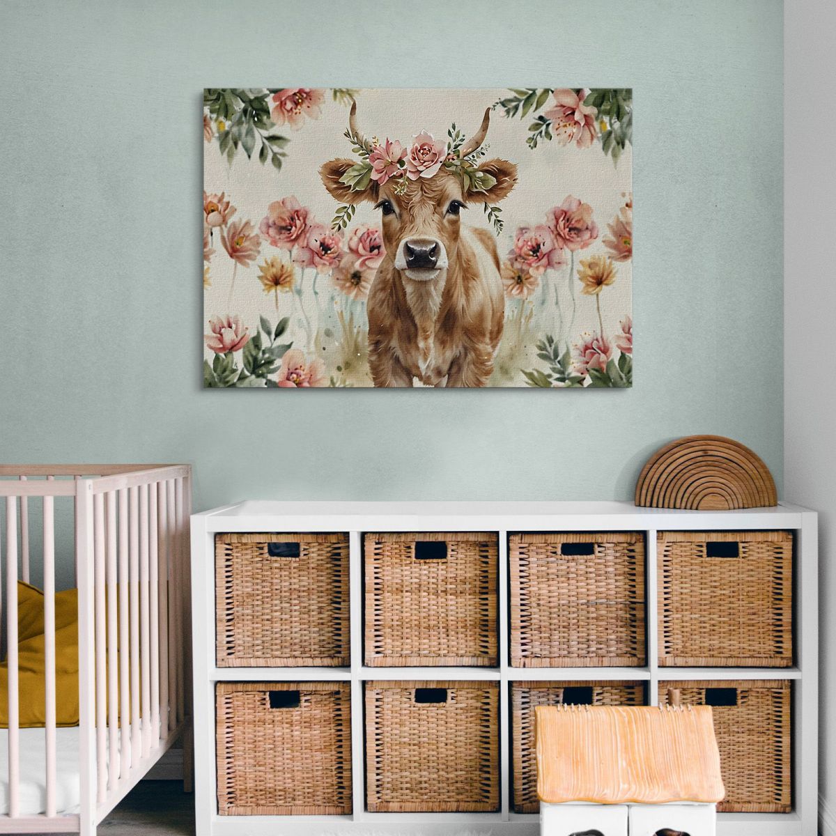 Decorative Picture For A Child'S Bedroom Cow Calf With Garland Of Pink Flowers bana40 canvas print 