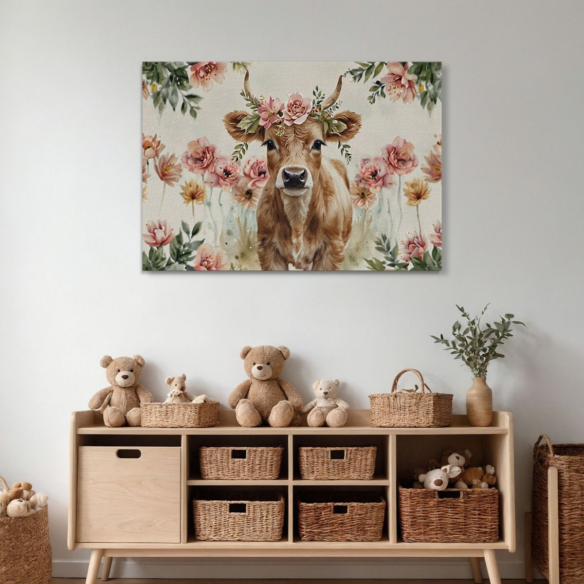 Decorative Picture For A Child'S Bedroom Cow Calf With Garland Of Pink Flowers bana40 canvas print 