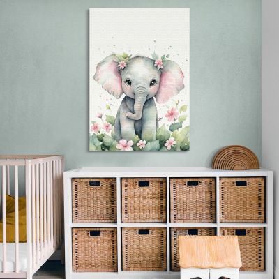 Painting For Children'S Bedroom Baby Elephant With Flowers banb7 canvas print 