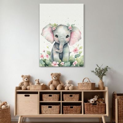 Painting For Children'S Bedroom Baby Elephant With Flowers banb7 canvas print 