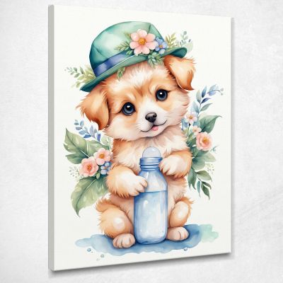 Painting For A Girl'S Bedroom Puppy With Hat And Bottle banb8 canvas print 