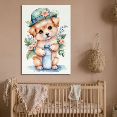 Painting For A Girl'S Bedroom Puppy With Hat And Bottle banb8 canvas print 