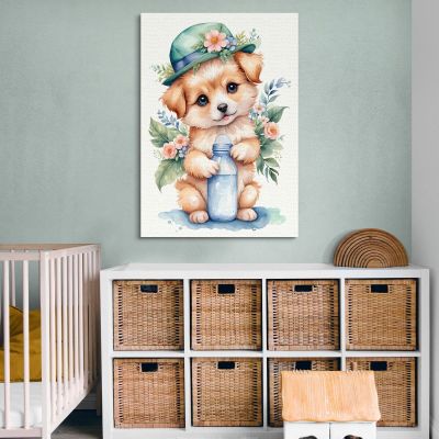 Painting For A Girl'S Bedroom Puppy With Hat And Bottle banb8 canvas print 