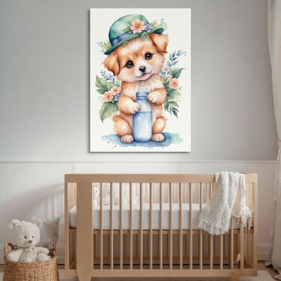 Painting For A Girl'S Bedroom Puppy With Hat And Bottle banb8 canvas print 