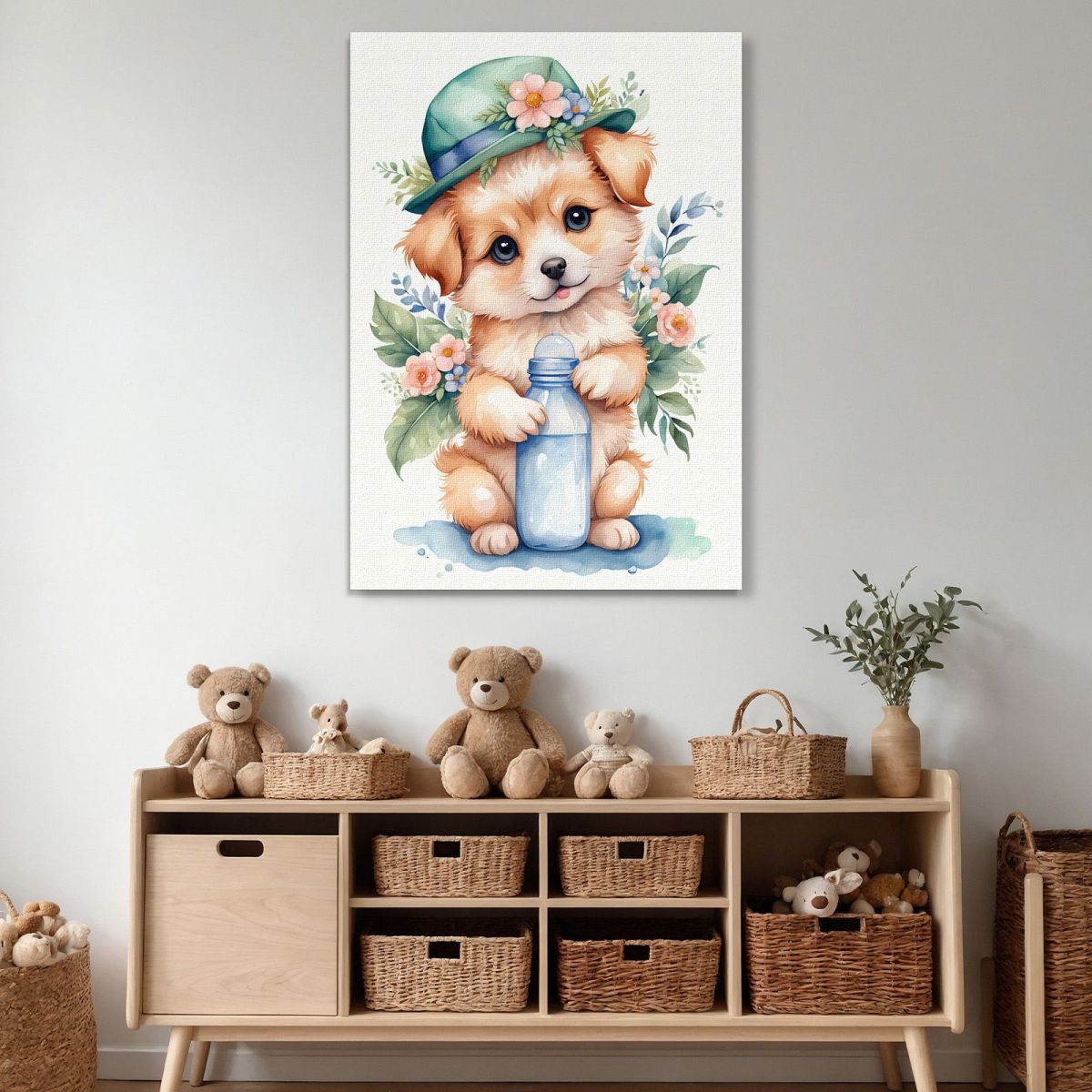 Painting For A Girl'S Bedroom Puppy With Hat And Bottle banb8 canvas print 