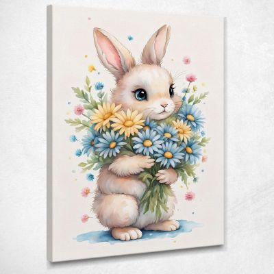 Nursery Picture Bedroom Decoration Bunny With Daisies And Colored Flowers banb20 canvas print 