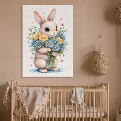 Nursery Picture Bedroom Decoration Bunny With Daisies And Colored Flowers banb20 canvas print 