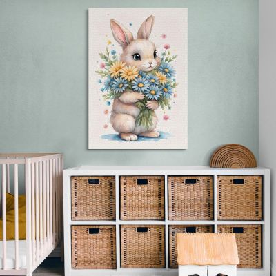 Nursery Picture Bedroom Decoration Bunny With Daisies And Colored Flowers banb20 canvas print 