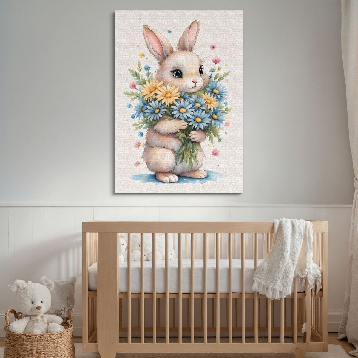 Nursery Picture Bedroom Decoration Bunny With Daisies And Colored Flowers banb20 canvas print 