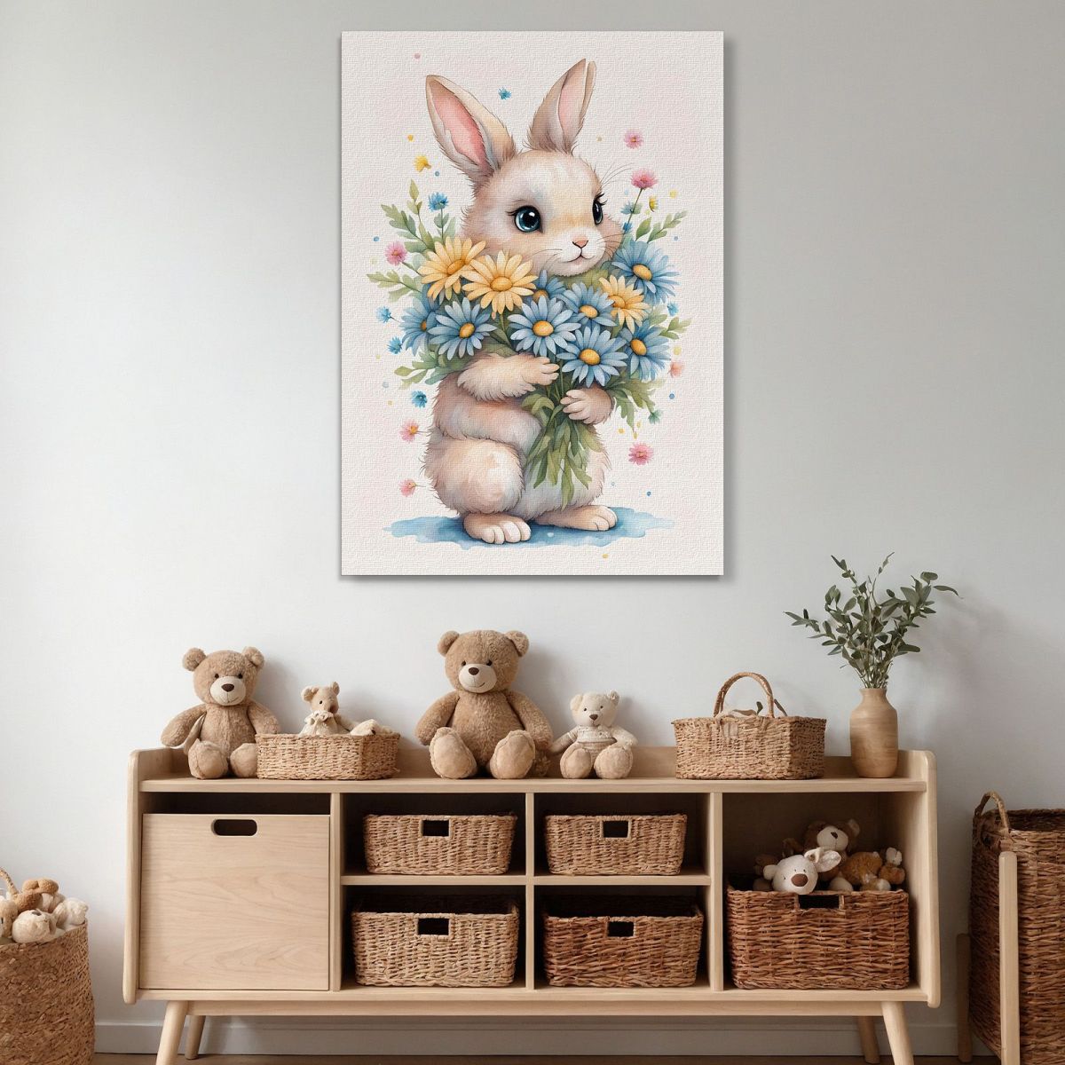 Nursery Picture Bedroom Decoration Bunny With Daisies And Colored Flowers banb20 canvas print 